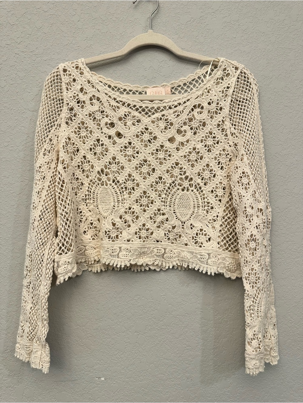 LG Cream Crochet Long-Sleeve Crop Sweatshirt